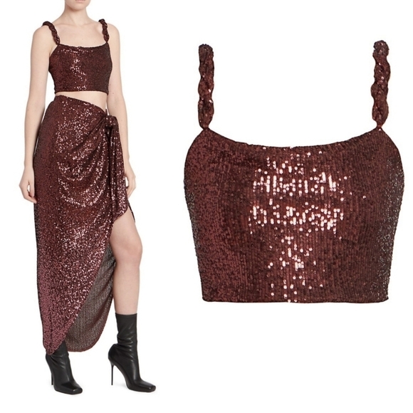 New Balmain Sequin Square Neckline Twisted Strap Brown Cropped Tank Top 12 US - Picture 4 of 17
